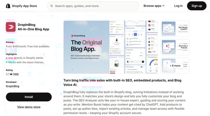 DropInBlog Shopify app listing