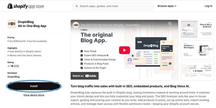 DropInBlog app in Shopify's App Store