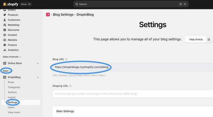 Add your blog link in the Settings tab of the DropInBlog app