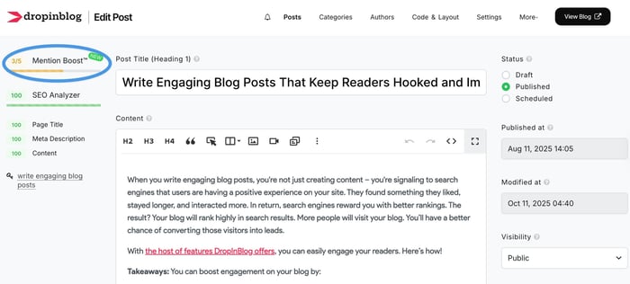 Accessing Mention Boost™ from within the DropInBlog editor