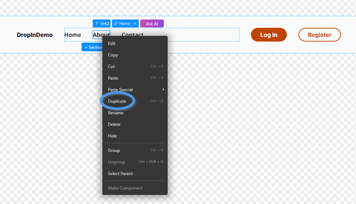 Duplicate link item in TeleportHQ Component editor