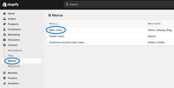 Edit Main menu in Shopify admin
