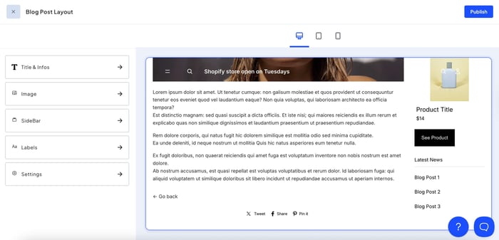 Editing a blog post layout in Bloggle