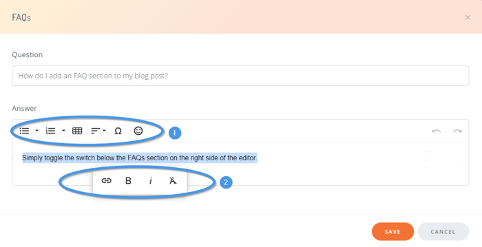 Editing options inside the FAQ editor