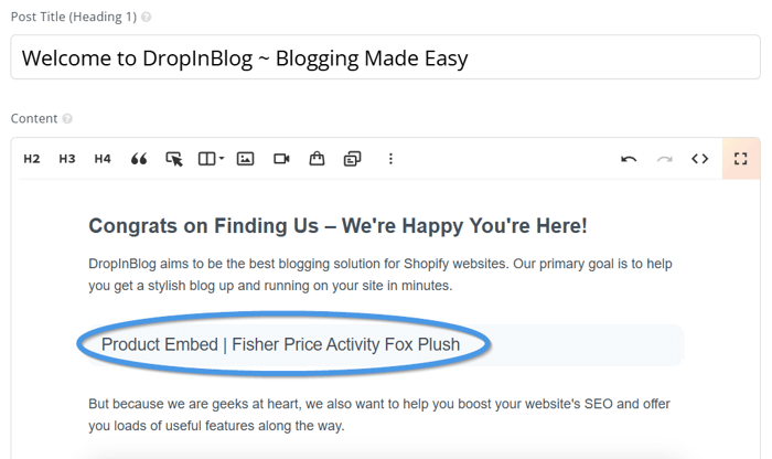 Embed product placeholder in DropInBlog's editor