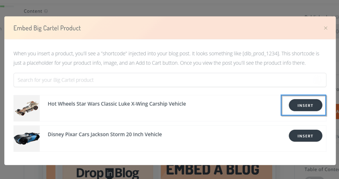 Enterprise blogging: embed a product from the DropInBlog post editor