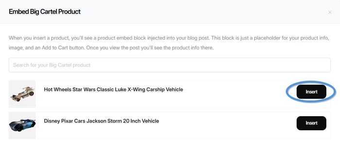 Inserting a product from the DropInBlog post editor