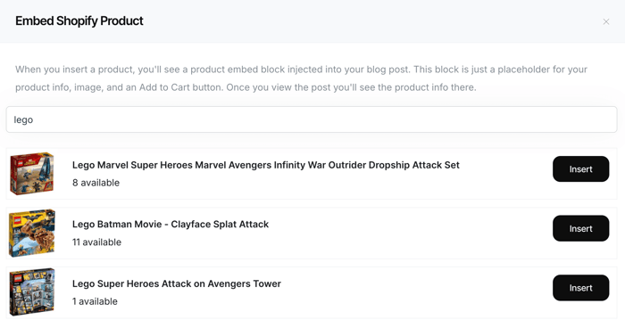 Embedding a product from a Shopify store with DropInBlog