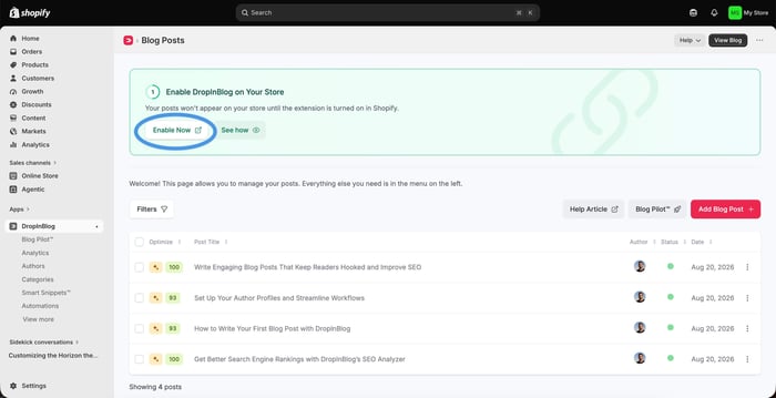 A screenshot of the DropInBlog Panel showing how to enable DropInBlog on your Shopify store