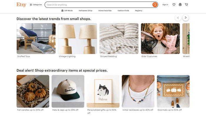 Etsy's landing page - Big Cartel vs Etsy review