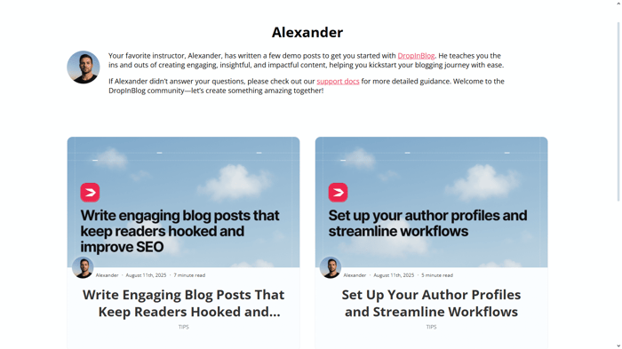 An example of an author page on a DropInBlog blog