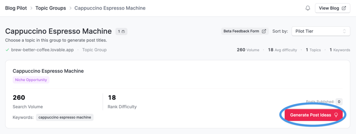 Generating blog post title ideas in Blog Pilot™