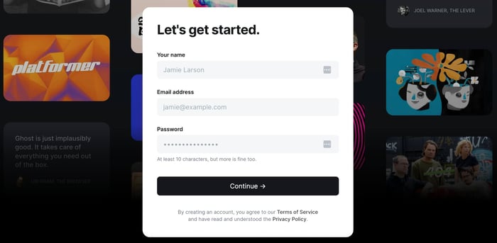 Ghost's signup screen