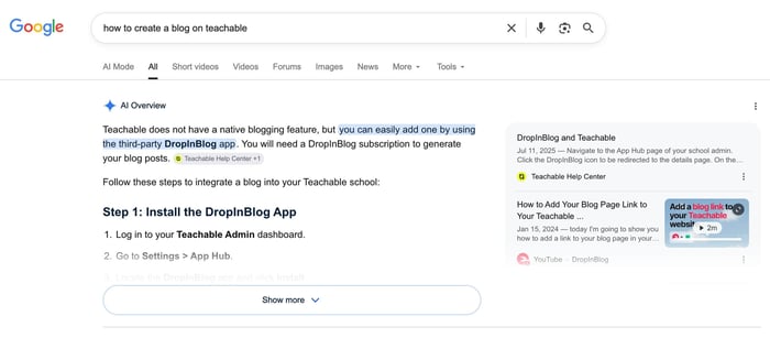 AI Overview for the query: how to create a blog on Teachable