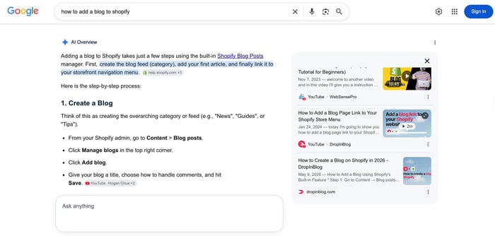 AI Overview for the query: how to add a blog to Shopify