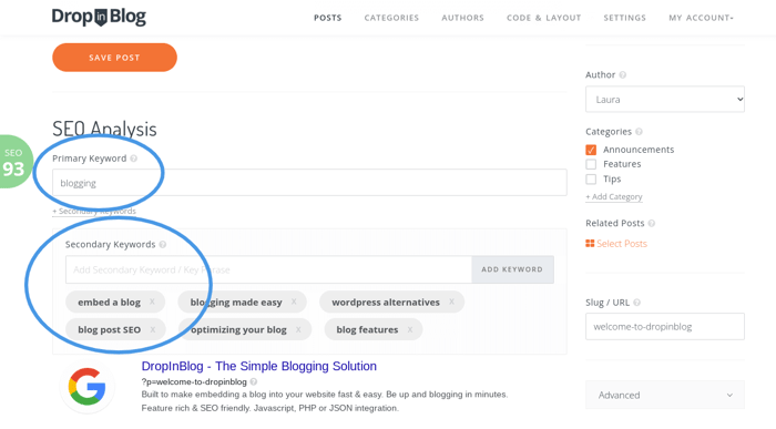 How to do keyword research: DropInBlog dashboard