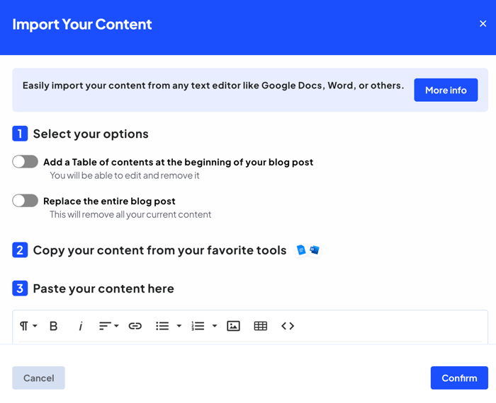 Import content from Google Docs into Bloggle