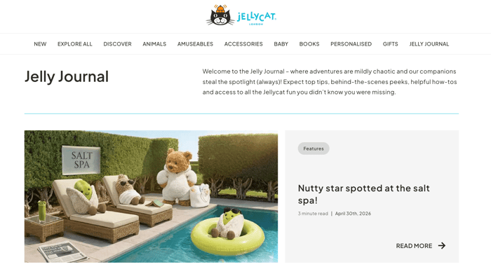 A screenshot of the Jellycat blog homepage