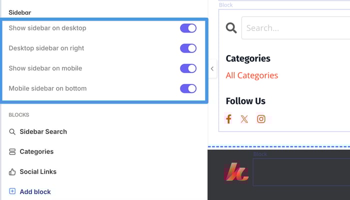 Sidebar settings in Kajabi