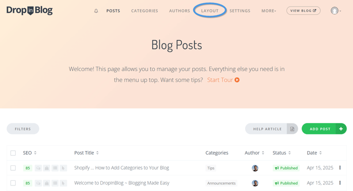 Layout tab within DropInBlog's admin dashboard