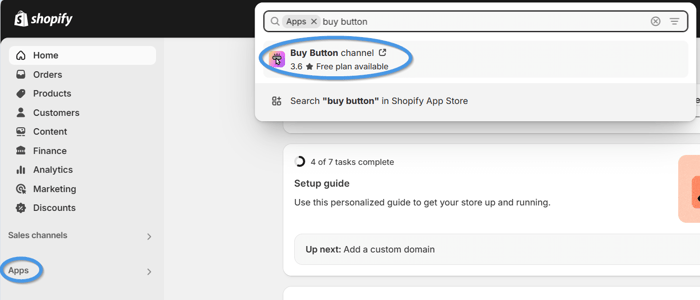 Locating Buy button in Shopify's admin panel