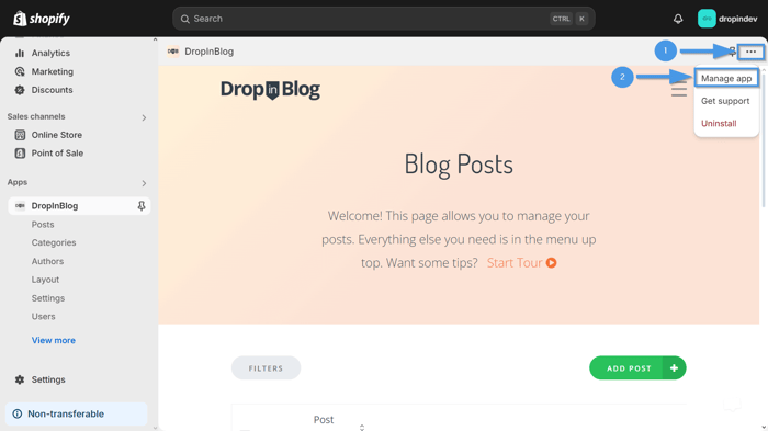 Manage the DropInBlog app from your Shopify dashboard