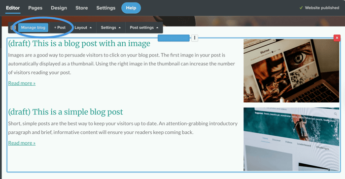 Managing blog content from within Webador's editor