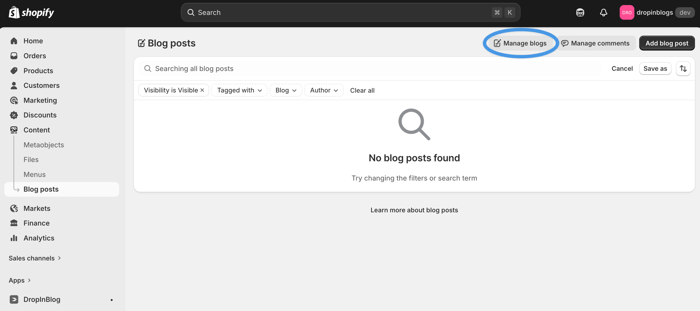 Manage blogs button in Shopify