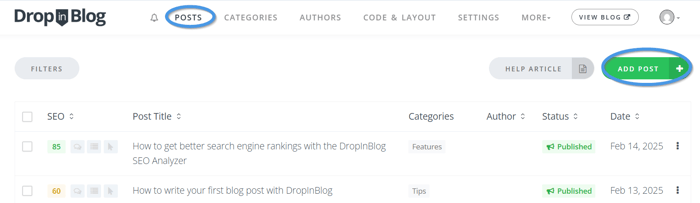 Managing blog content in DropInBlog's admin panel