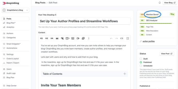 DropInBlog's Mention Boost™ score