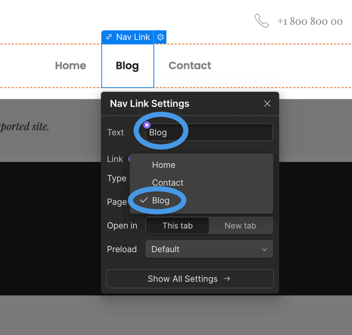 Navigation link settings for a Webflow blog