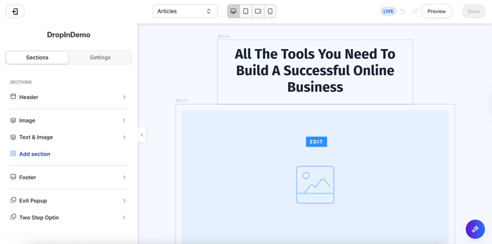 The default look of a new Kajabi page
