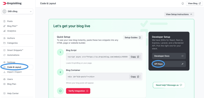 Create a Next.js blog: Locating API Keys section in DropInBlog's admin
