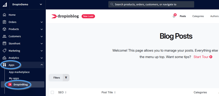 Open the DropInBlog app from your BigCommerce dashboard