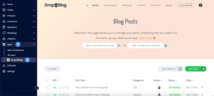 Open the DropInBlog app from your BigCommerce dashboard