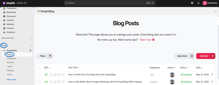 Open Posts tab in the DropInBlog Shopify app