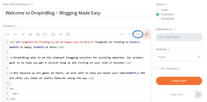 Paste Instagram reel code in DropInBlog's editor