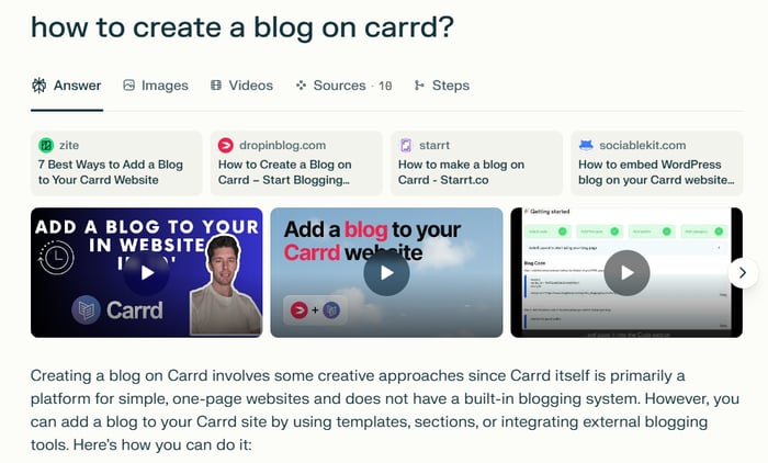 Perplexity AI results for the query: how to create a blog on Carrd