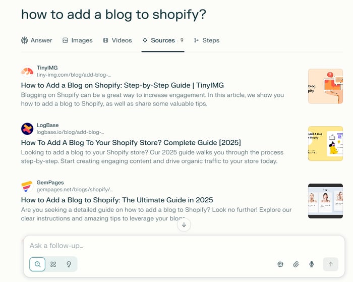 Perplexity AI results for the query: how to add a blog to Shopify