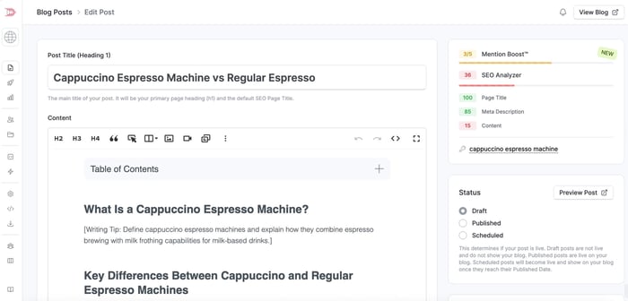 Blog post outline inside the DropInBlog editor