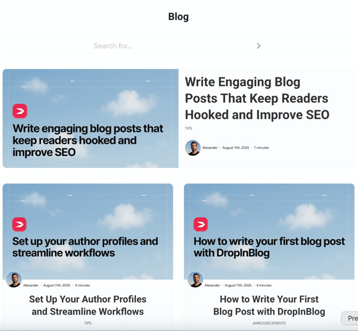 Preview DropInBlog blog on a Kajabi website