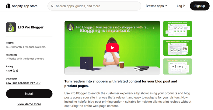 Pro Blogger Shopify app listing