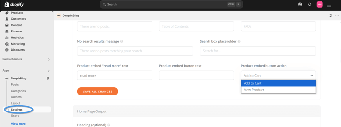 Product settings in DropInBlog