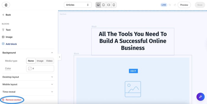 Removing a section in Kajabi