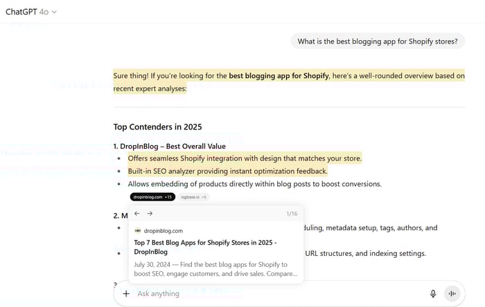 ChatGPT cites DropInBlog as one of the best Shopify blog apps