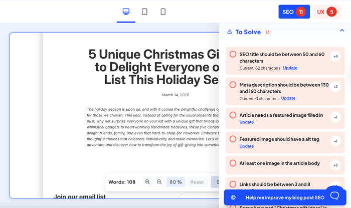 Review SEO suggestions from Bloggle's SEO scoring tool
