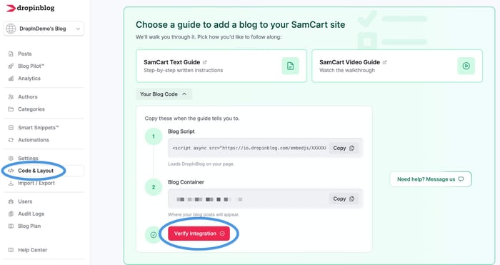 SamCart blog install step