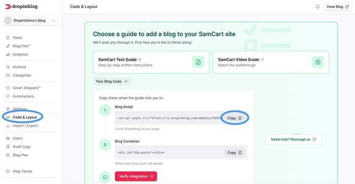 SamCart blog install step