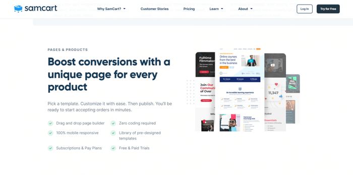 SamCart vs ClickFunnels: SamCart sales page checkout shopping cart