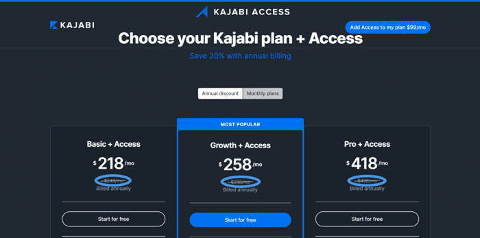 Kajabi Access pricing plans